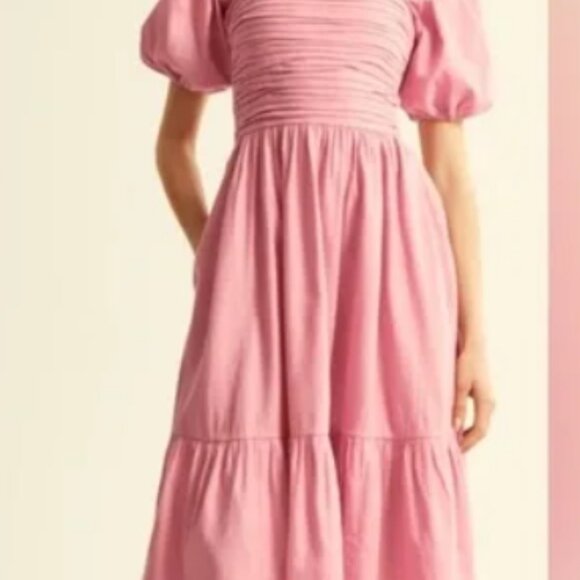Abercrombie & Fitch Emerson Linen-Blend Puff Sleeve Midi Dress Size L - Picture 1 of 4